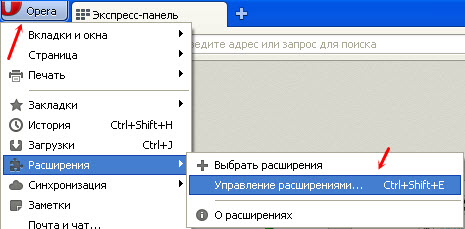 управление дополнениями в opera